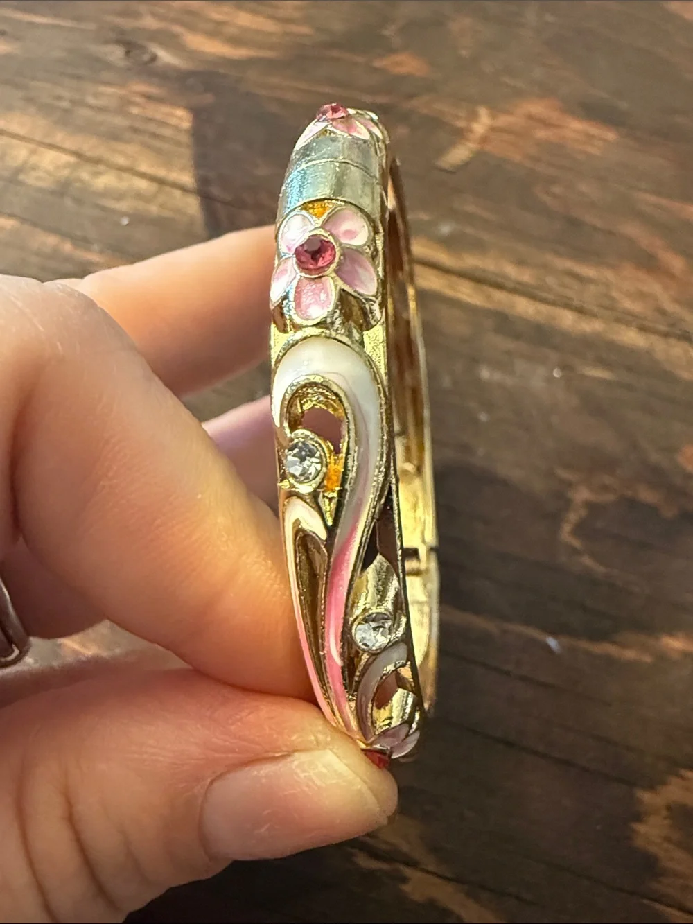Gold Plated Enamel Flower Rhinestones Enamel Flower Rhinestone Bangle Bracelet